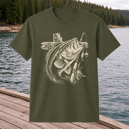 Largemouth Bass Fishing Rod Vintage Graphic T-Shirt