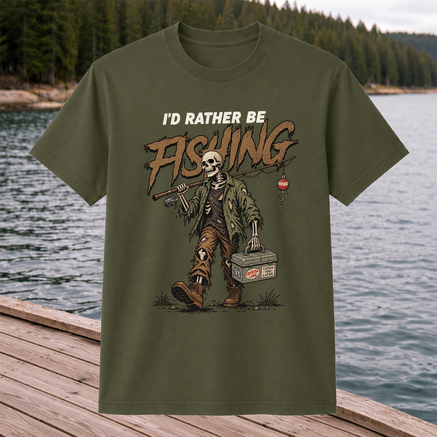 I'd Rather Be Fishing Skeleton Angler Graphic T-Shirt