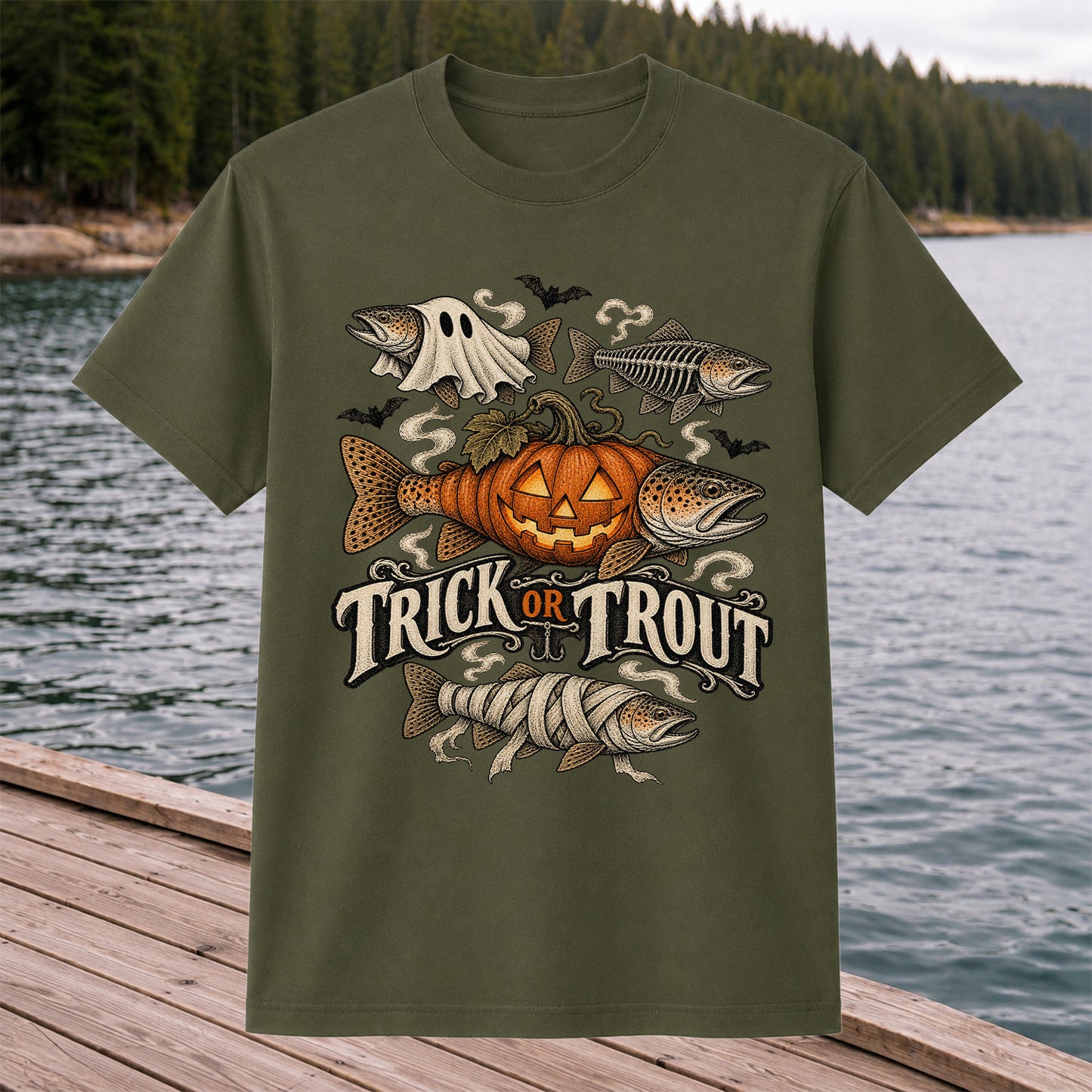 Trick or Trout Spooky Fish Halloween Graphic T-Shirt