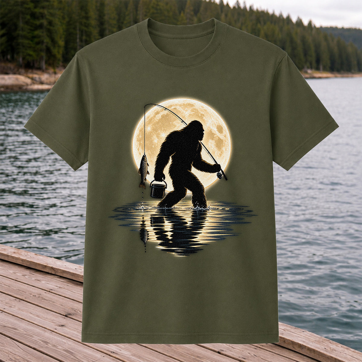 Bigfoot Fishing Under a Full Moon Graphic T-Shirt
