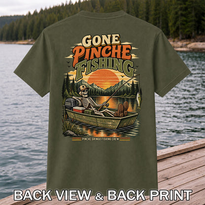 Gone Pinche Fishing Skeleton in a Boat Retro Graphic T-Shirt | Back Print