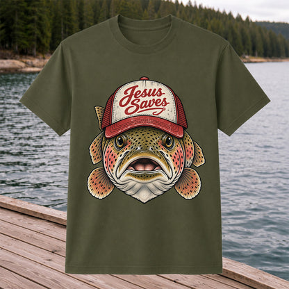 Jesus Saves Rainbow Trout in a Trucker Hat Fishing T-Shirt
