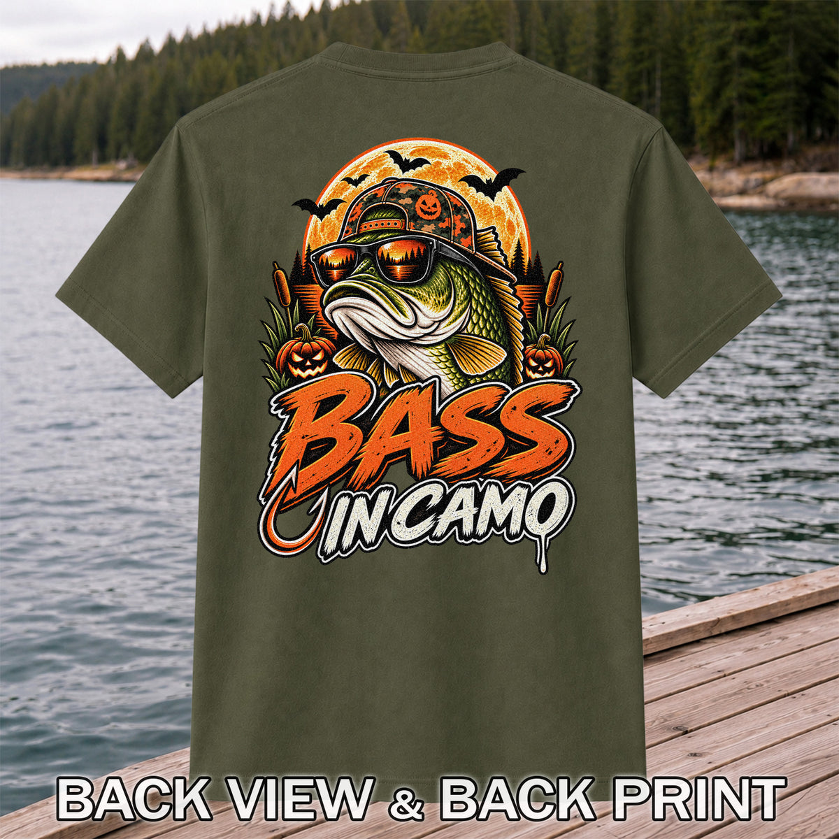 Bass in Camo Halloween Bass Fishing Graphic T-Shirt | Back Print