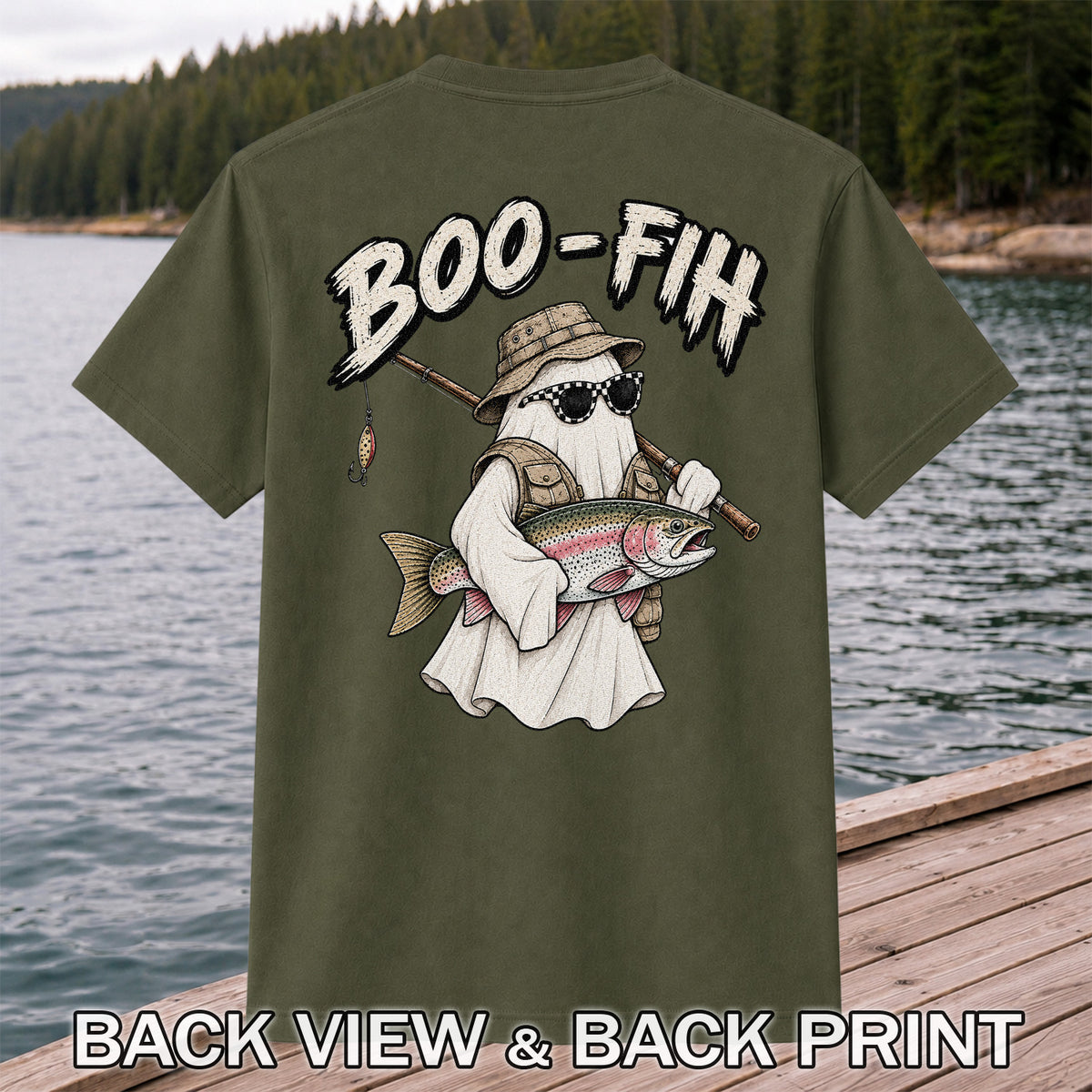 Boo-Fih Ghost Holding Rainbow Trout Halloween Fishing T-Shirt | Back Print