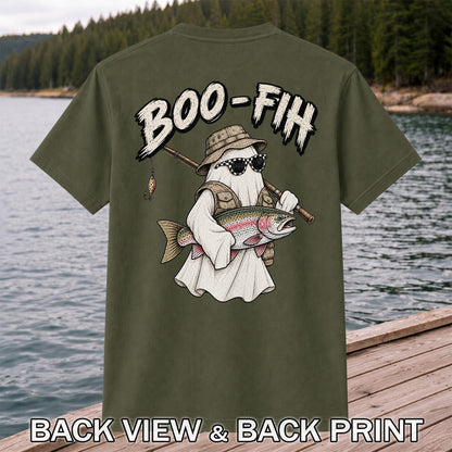 Boo-Fih Ghost Holding Rainbow Trout Halloween Fishing T-Shirt | Back Print