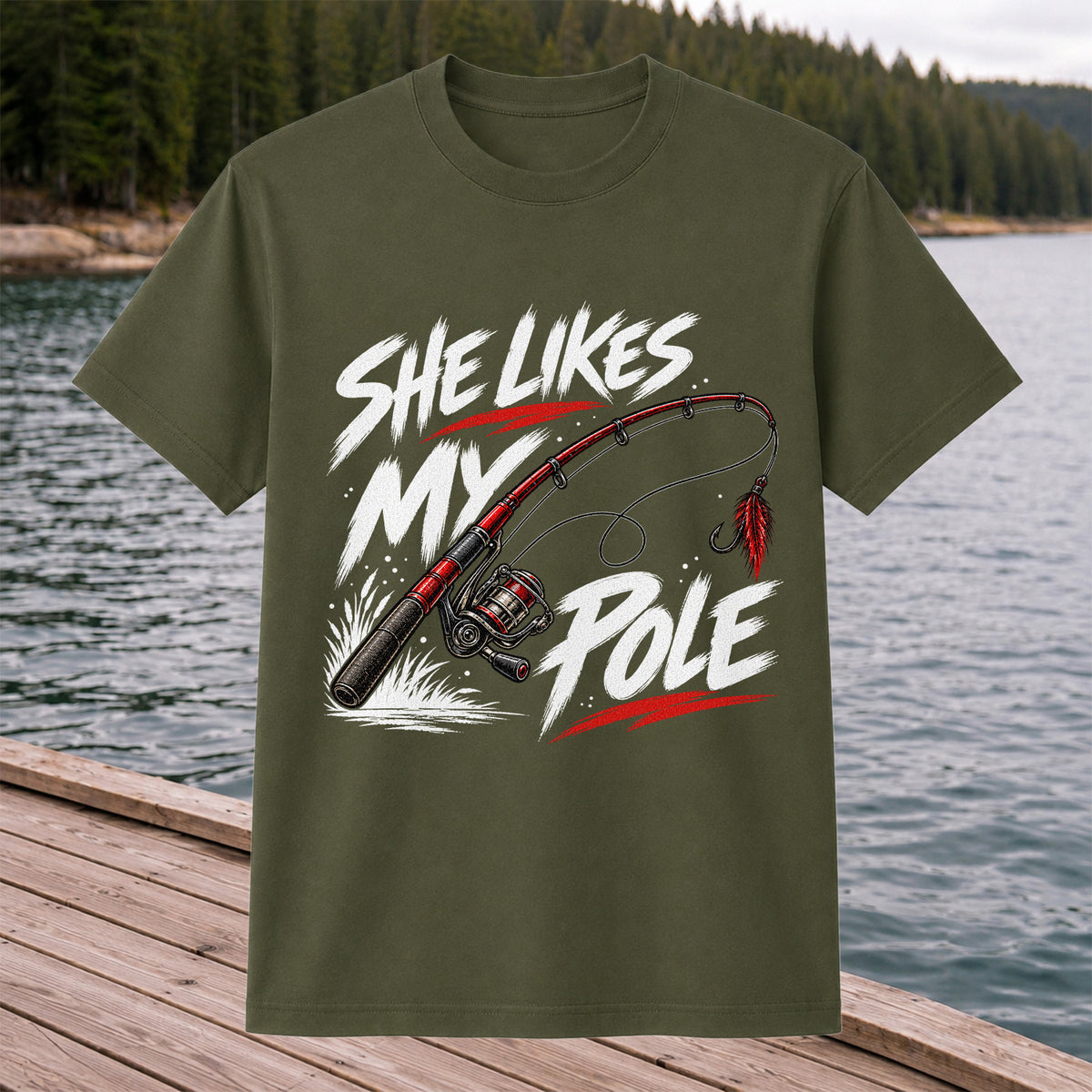 She Likes My Pole Funny Fishing Rod Pun Graphic T-Shirt