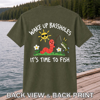 Wake Up Bassholes Funny Worm and Bass Fishing Graphic T-Shirt | Back Print