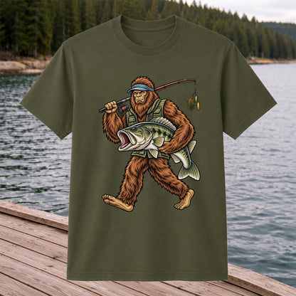 Bigfoot Holding a Largemouth Bass Fishing Graphic T-Shirt