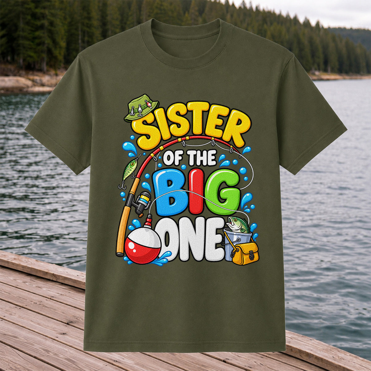 Sister of the Big One Fishing Birthday T-Shirt with Fish and Bobber