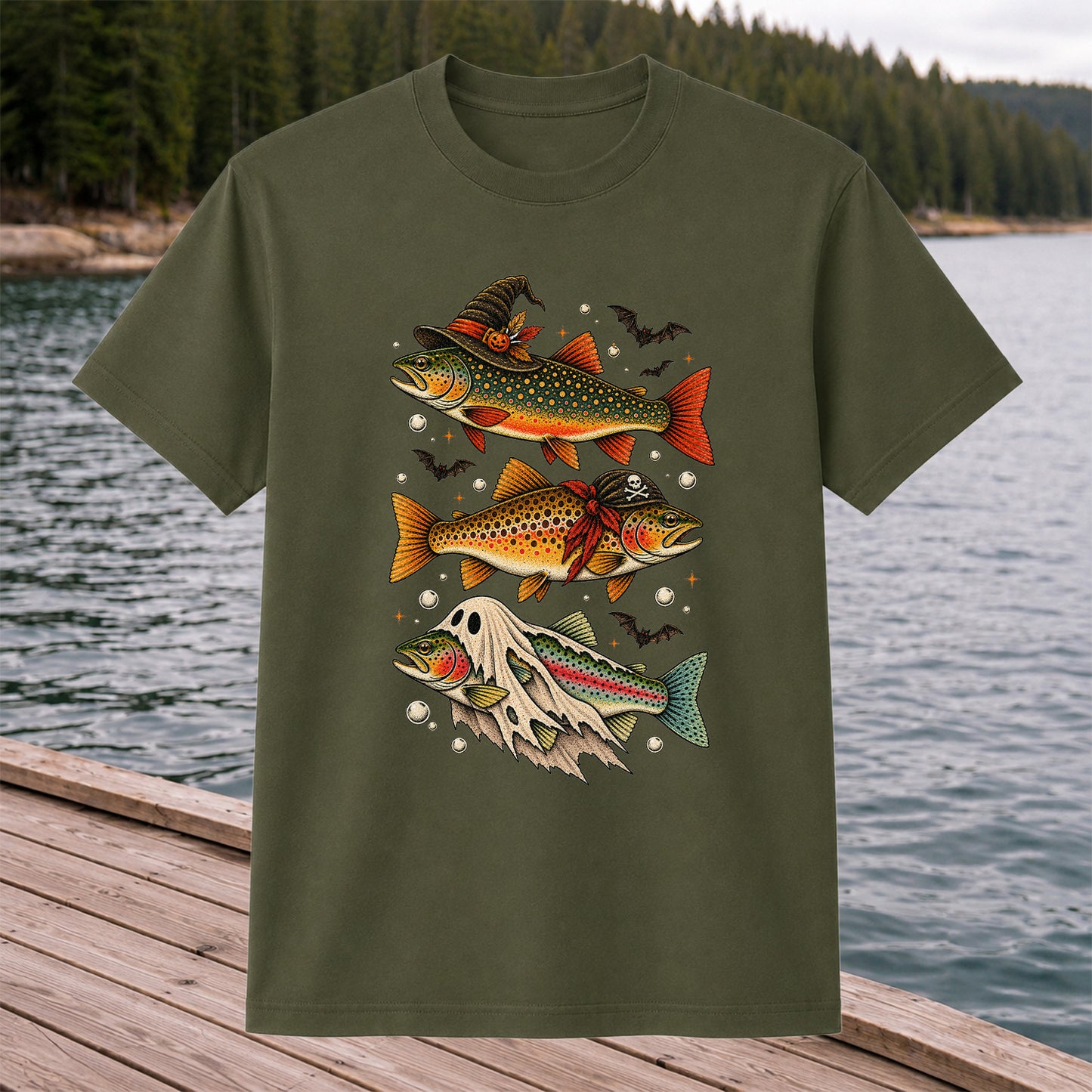 Halloween Trout Trio Witch Pirate and Ghost Fishing T-Shirt