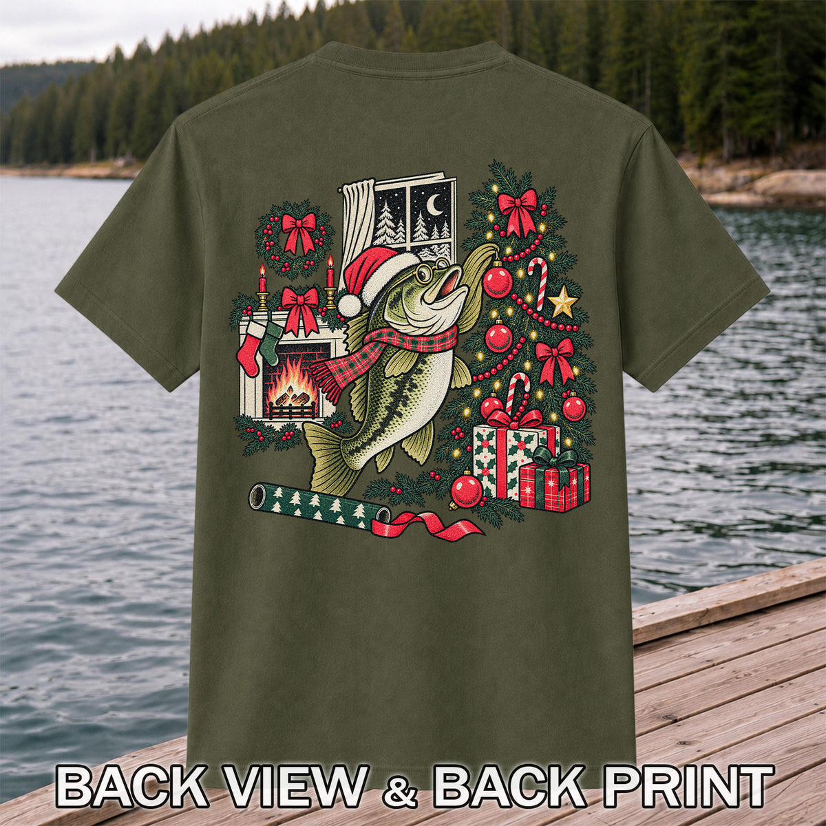 Christmas Bass Fishing Fireplace Tree Graphic T-Shirt | Back Print