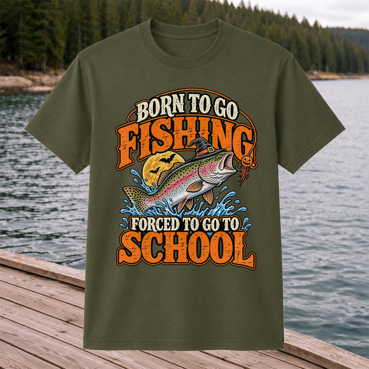 Born to Go Fishing Forced to Go to School Halloween Rainbow Trout T-Shirt