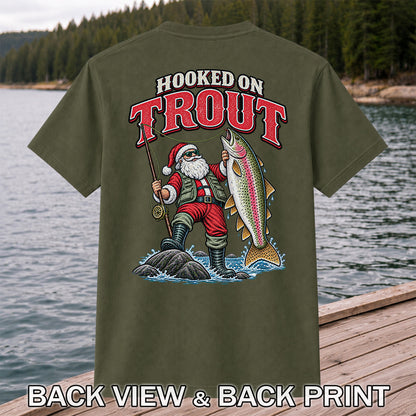 Hooked on Trout Santa Claus Rainbow Trout Christmas Fishing T-Shirt | Back Print