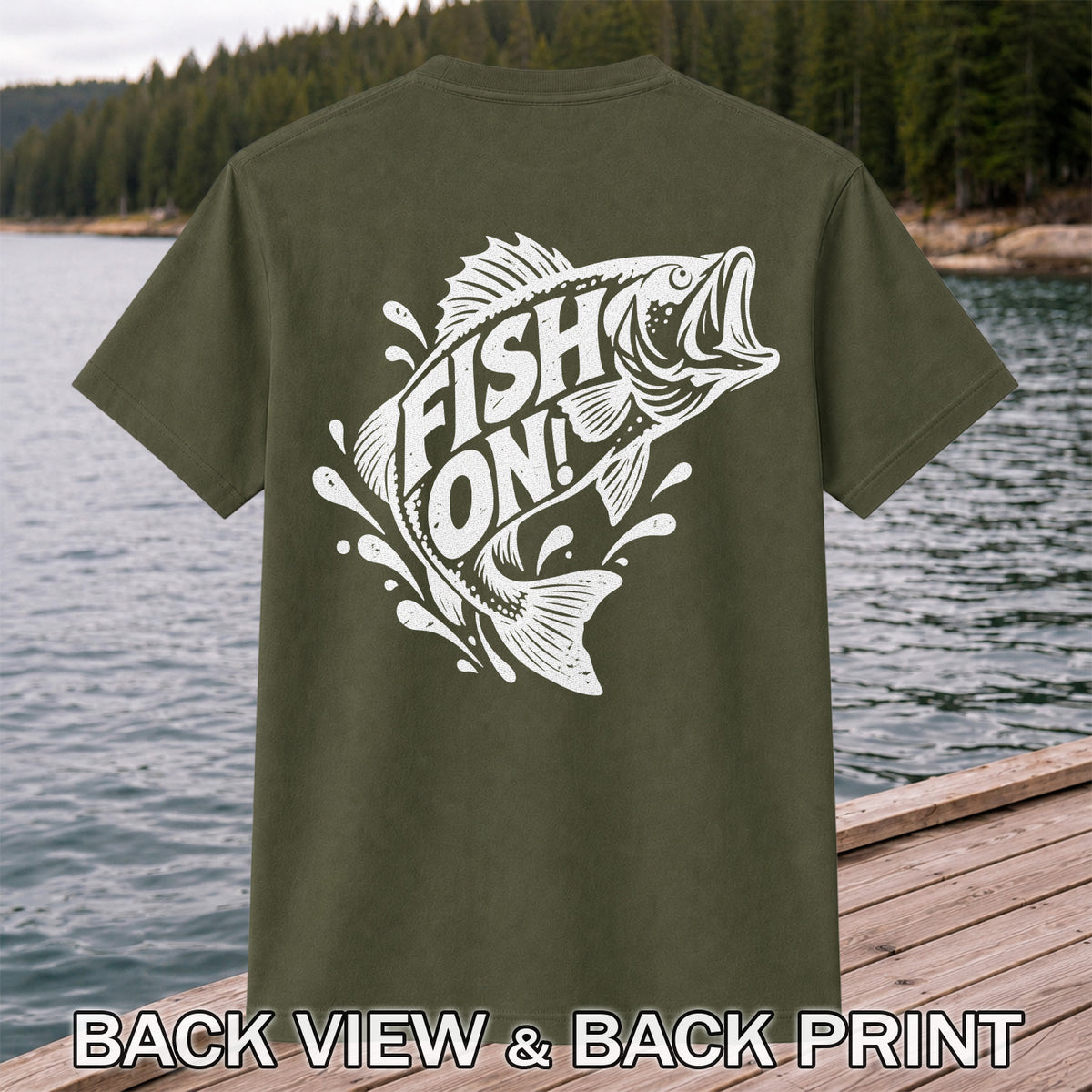 Fish On! Jumping Bass Fishing Distressed Graphic T-Shirt | Back Print