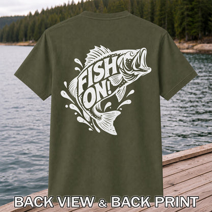 Fish On! Jumping Bass Fishing Distressed Graphic T-Shirt | Back Print