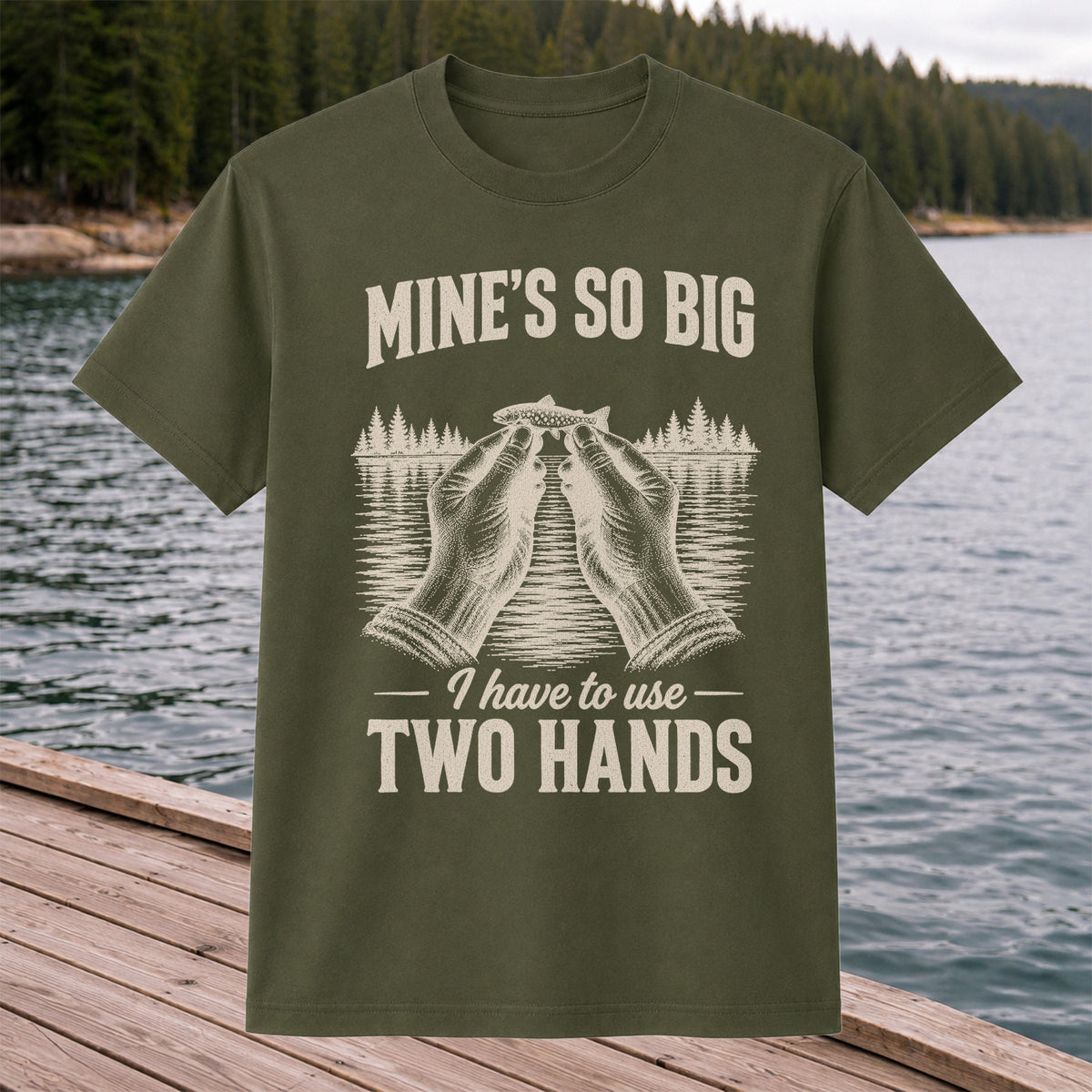 Mine's So Big I Have to Use Two Hands Funny Trout Fishing T-Shirt
