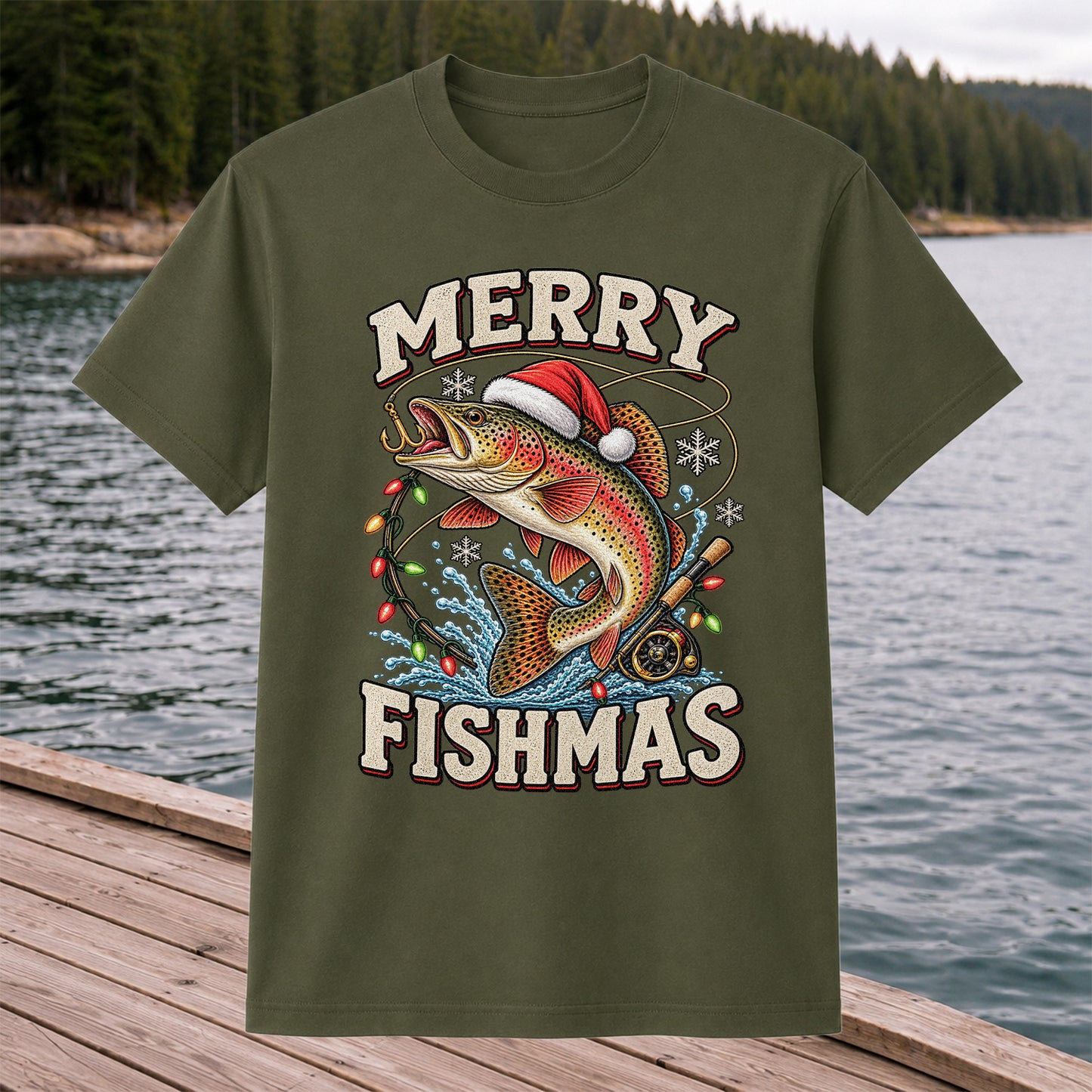 Merry Fishmas Santa Hat Rainbow Trout Fishing T-Shirt