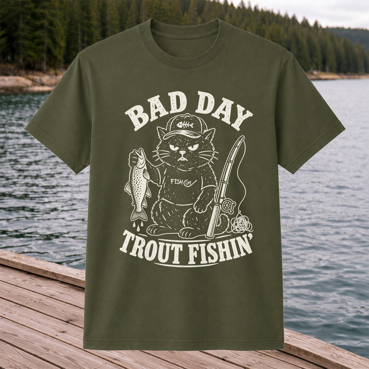 Bad Day Trout Fishin' Fish On Grumpy Black Cat Funny Fishing T-Shirt