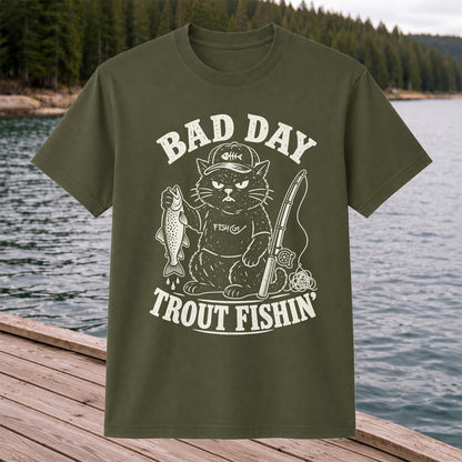 Bad Day Trout Fishin' Fish On Grumpy Black Cat Funny Fishing T-Shirt