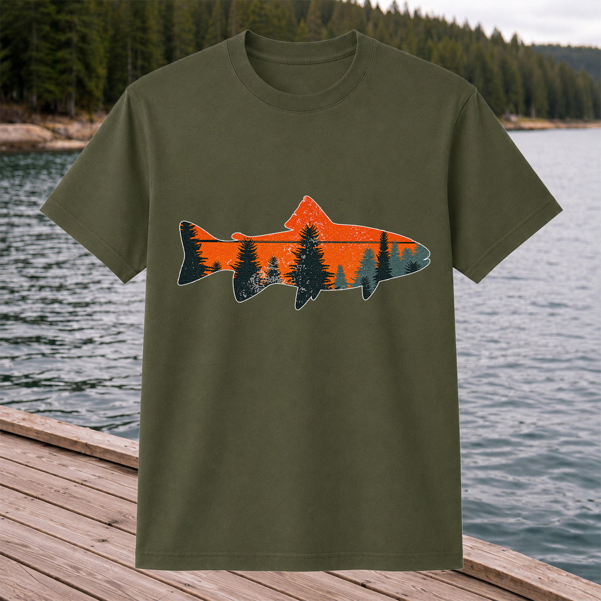 Trout with Mountain Sunset and Pine Forest Fishing Graphic T-Shirt