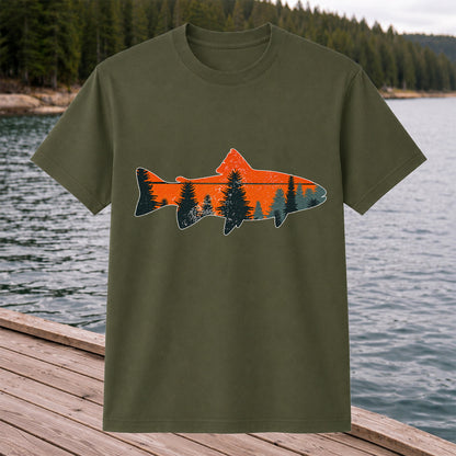 Trout with Mountain Sunset and Pine Forest Fishing Graphic T-Shirt