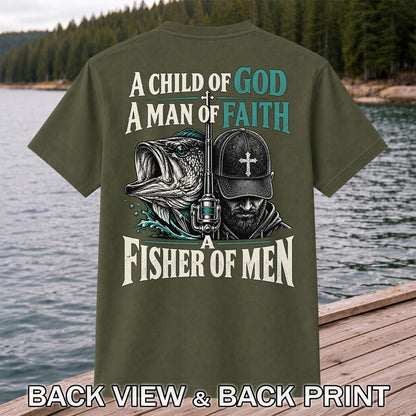 A Child of God A Man of Faith A Fisher of Men Bass Fishing T-Shirt | Back Print