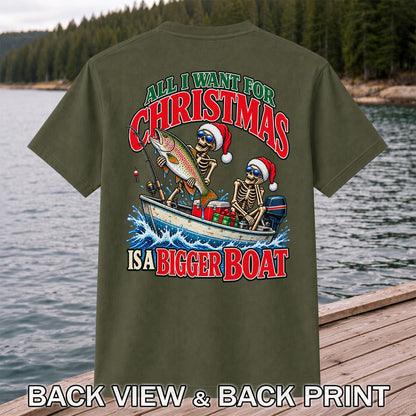 All I Want for Christmas Is a Bigger Boat Skeleton Rainbow Trout Fishing T-Shirt | Back Print