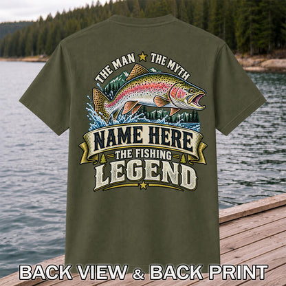 Personalized The Man The Myth The Fishing Legend Rainbow Trout T-Shirt | Back Print