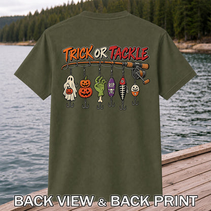 Trick or Tackle Halloween Ghost and Pumpkin Fishing Lures T-Shirt | Back Print