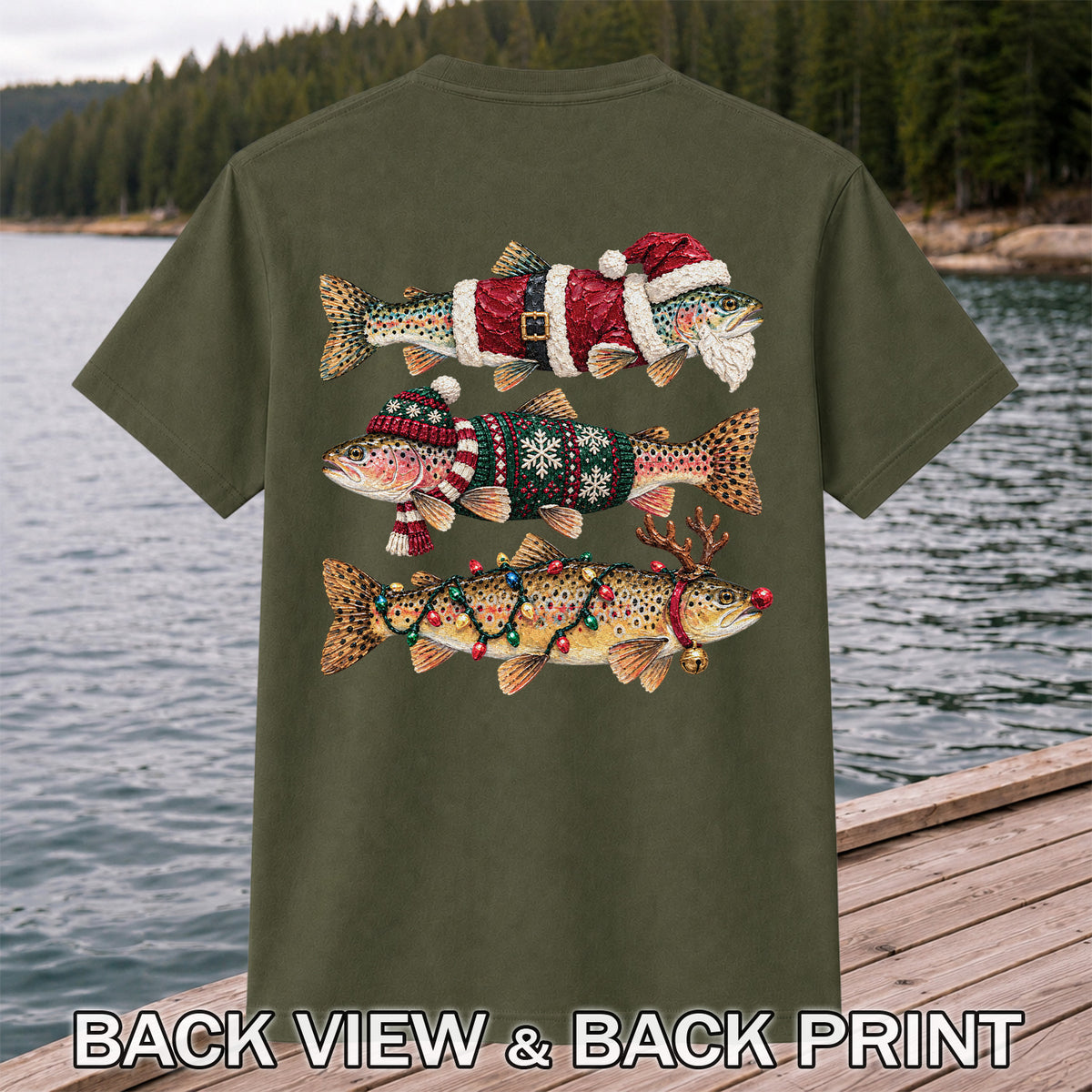 Christmas Trout Fishing Graphic T-Shirt with Festive Fish Artwork | Back Print