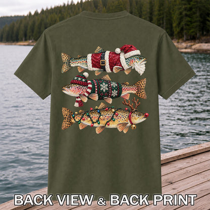 Christmas Trout Fishing Graphic T-Shirt with Festive Fish Artwork | Back Print