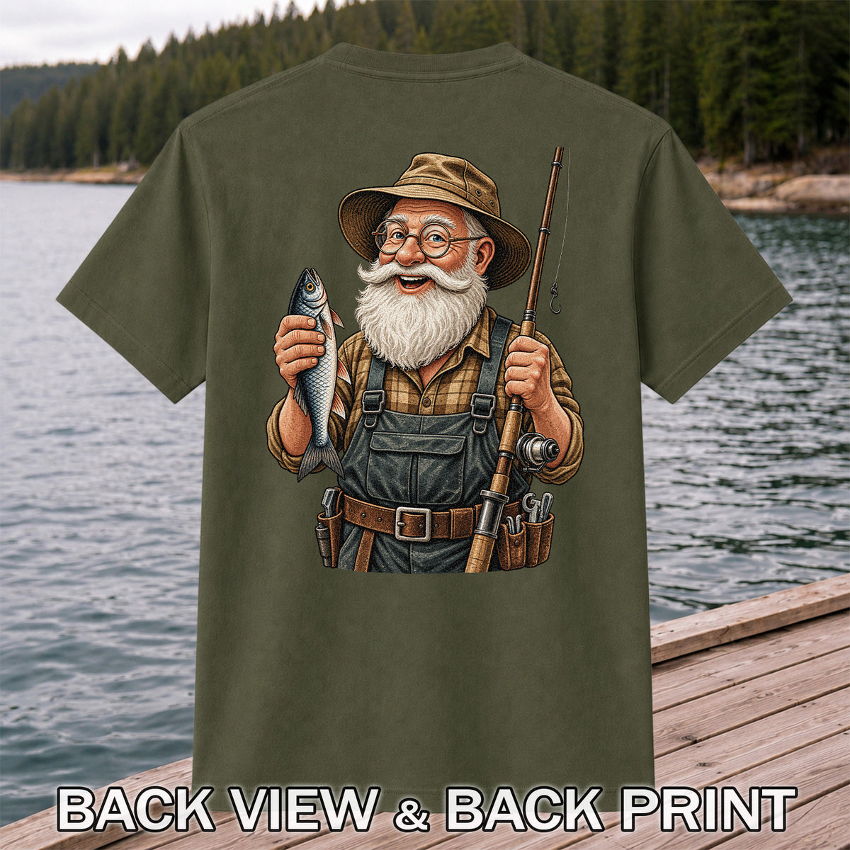 Bearded Angler Holding a Fish and Fishing Rod Graphic T-Shirt | Back Print