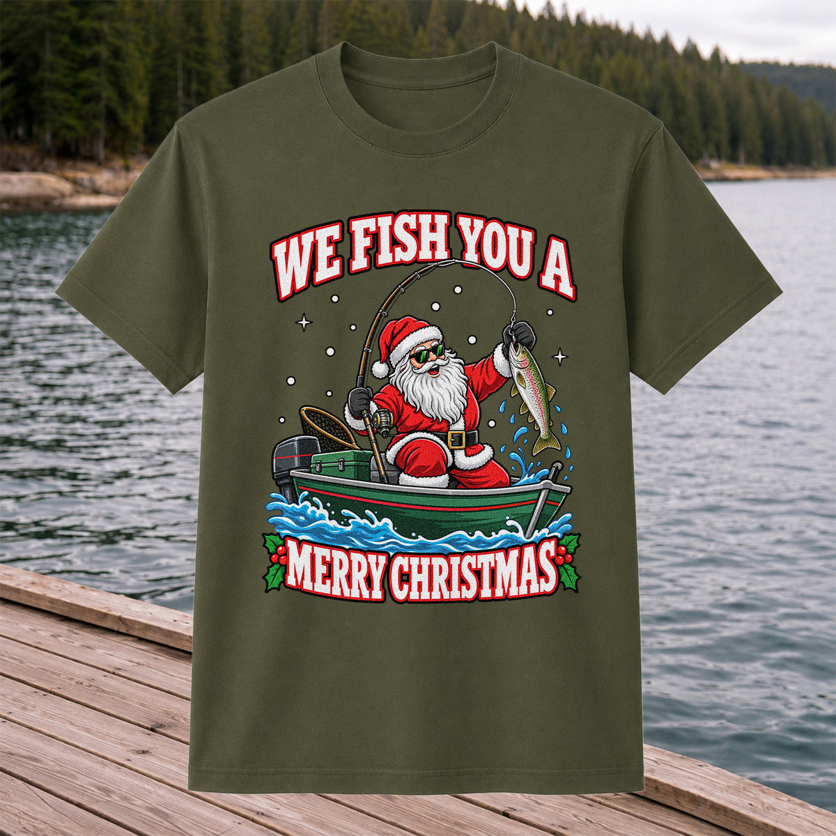 We Fish You a Merry Christmas Santa and Rainbow Trout Fishing T-Shirt