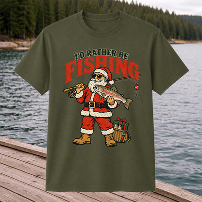 I'd Rather Be Fishing Santa Holding Rainbow Trout Christmas T-Shirt