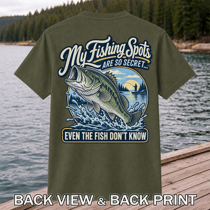 Secret Fishing Spots Largemouth Bass Graphic T-Shirt | Back Print
