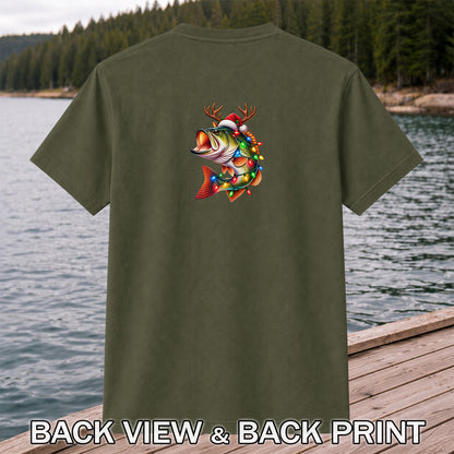 Christmas Bass with Santa Hat, Antlers and Holiday Lights Fishing T-Shirt | Back Print