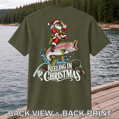 Reeling in Christmas Santa Rainbow Trout Fishing T-Shirt | Back Print
