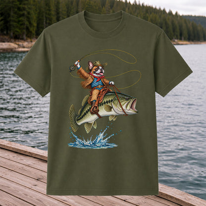 French Bulldog Cowboy Riding a Bass Fishing Graphic T-Shirt