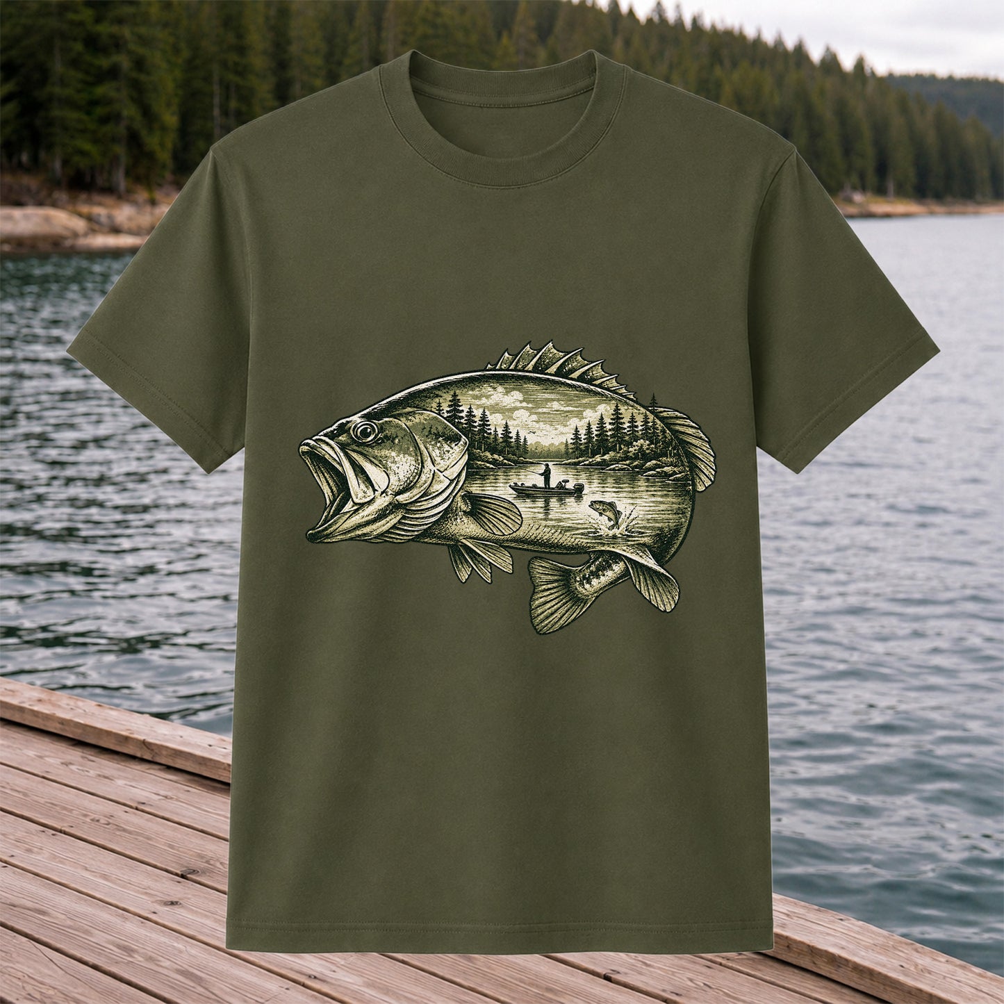 Vintage Bass Lake Fishing Scene Graphic T-Shirt