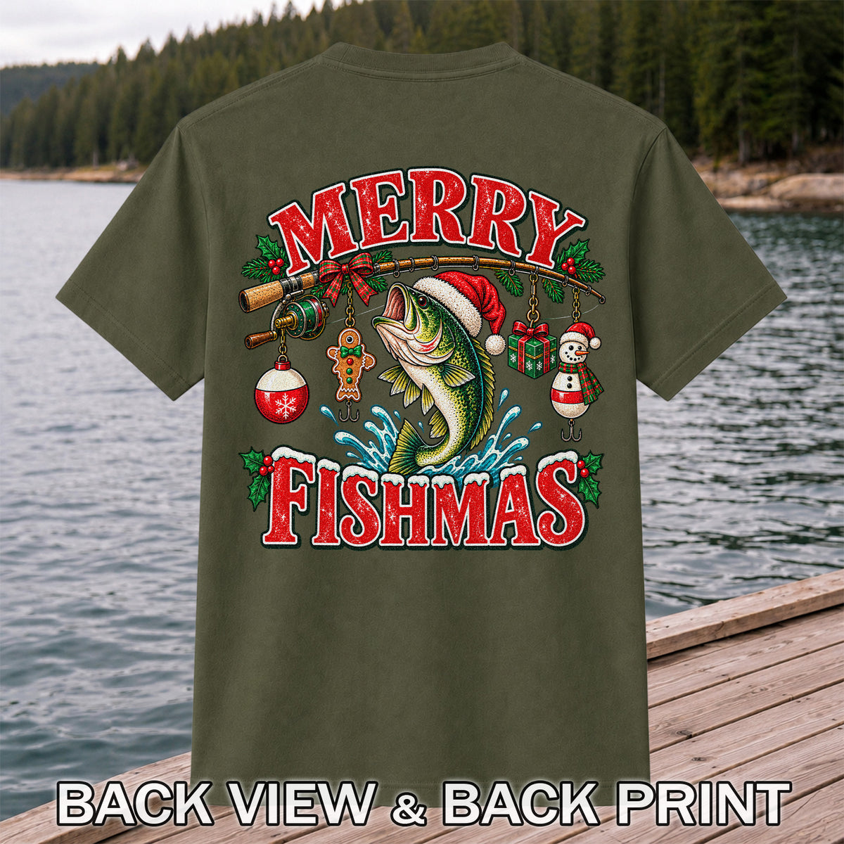 Merry Fishmas Santa Bass Christmas Fishing Graphic T-Shirt | Back Print