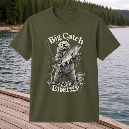 Big Catch Energy Bear and Trout Fishing T-Shirt