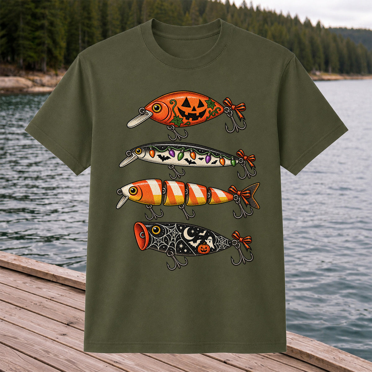 Halloween Fishing Lures with Pumpkin, Ghost and Candy Corn Graphic T-Shirt