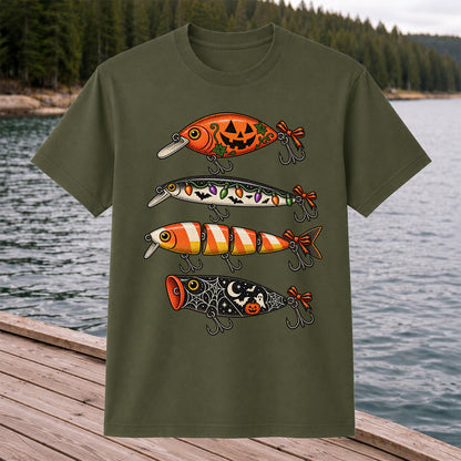 Halloween Fishing Lures with Pumpkin, Ghost and Candy Corn Graphic T-Shirt