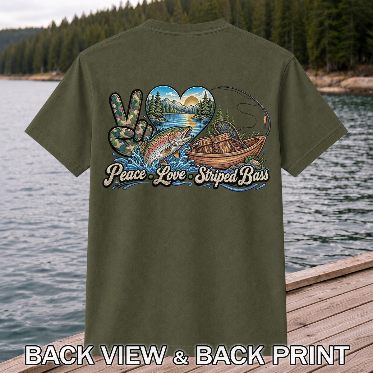 Peace Love Striped Bass Lake and Boat Fishing Graphic T-Shirt | Back Print