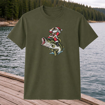Santa Riding Largemouth Bass Christmas Fishing Graphic T-Shirt