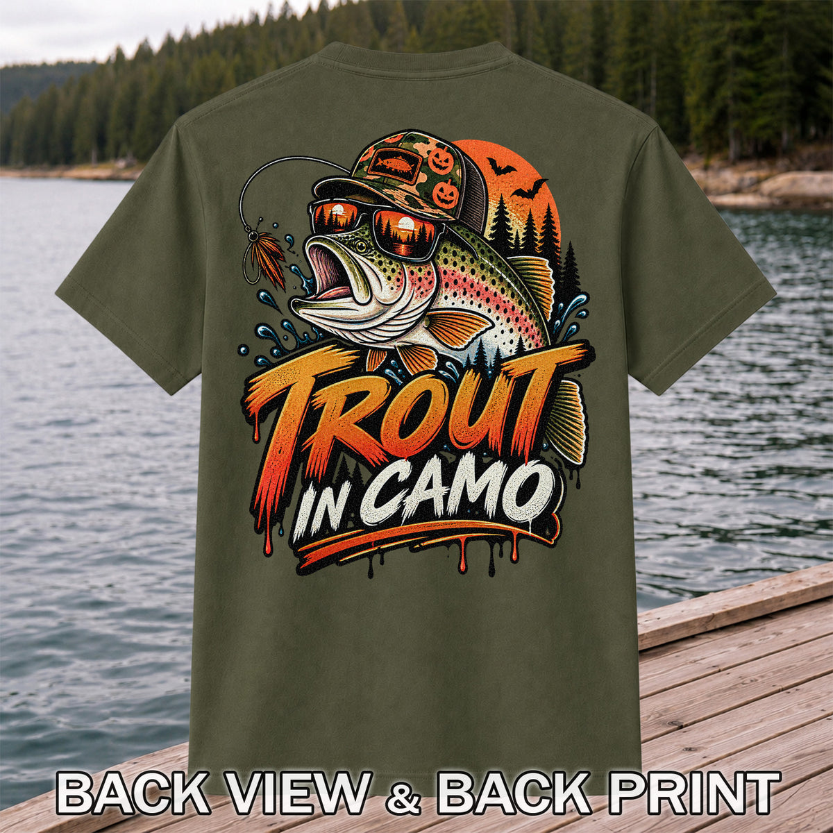 Trout in Camo Halloween Rainbow Trout Fishing Graphic T-Shirt | Back Print
