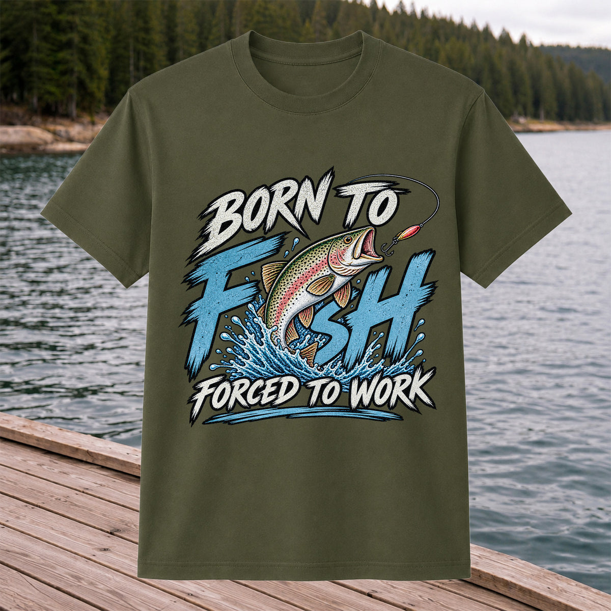 Born to Fish Forced to Work Jumping Rainbow Trout Fishing T-Shirt