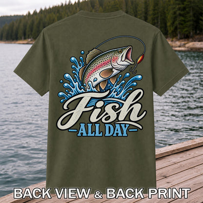 Fish All Day Jumping Rainbow Trout Fishing Graphic T-Shirt | Back Print