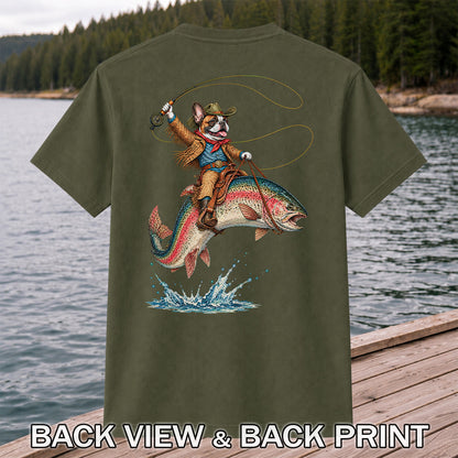 Cowboy French Bulldog Riding a Rainbow Trout Fishing T-Shirt | Back Print