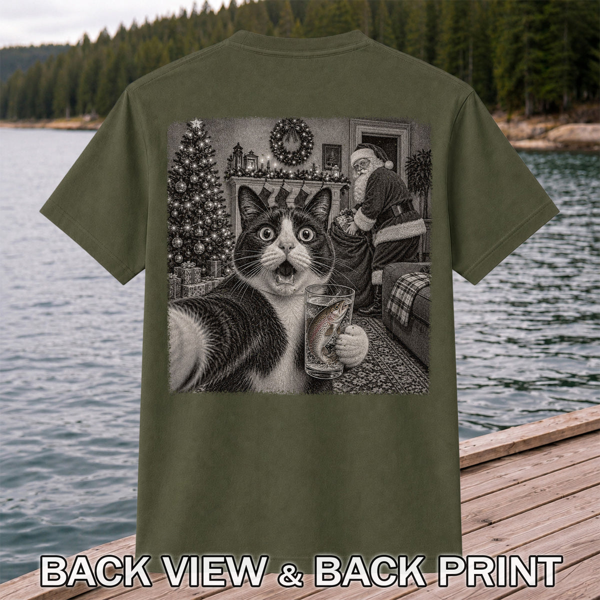 Christmas Cat Holding a Fish Mug Holiday Graphic T-Shirt | Back Print